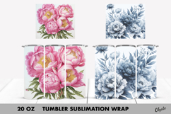 Peony Tumbler Wrap. Blue Peony, Pink Peony Tumbler PNG Product Image 1