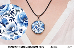 Blue Peony Jewelry Sublimation. Cirkle Pendant Product Image 1