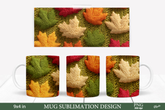Cozy Fall Mug Sublimation Wrap. Knitting Leaves PNG Product Image 1