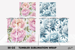 Peony Tumbler Wrap. Blue Peony, Pink Peony Tumbler PNG Product Image 1