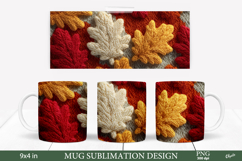 Cozy Fall Mug Sublimation Wrap. Knitting Leaves PNG Product Image 1