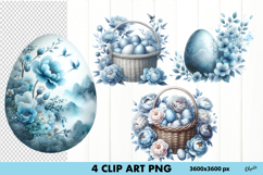 Watercolor Easter Blue Flower Clipart PNG. Egg Clipart Product Image 1