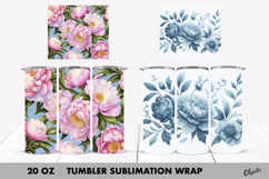 Peony Tumbler Wrap. Blue Peony, Pink Peony Tumbler PNG Product Image 1