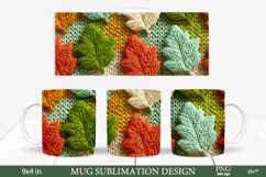 Cozy Fall Mug Sublimation Wrap PNG. Knitting Leaves PNG Product Image 1
