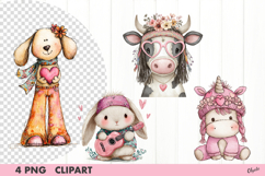 Retro Valentine Animal Clipart PNG, Valentineas Day PNG Product Image 1