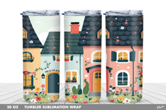 Cute Spring Houses Tumbler Wrap Sublimation PNG Product Image 1
