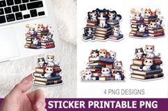 Cute Cat on Book Sticker Printable | High Quality 300 Dpi Product Image 1