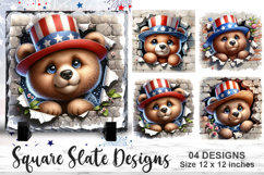 4Th Of July Bear Sublimation | 4Th Of July Square Slate PNG Product Image 1