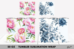 Peony Tumbler Wrap. Blue Peony, Pink Peony Tumbler PNG Product Image 1