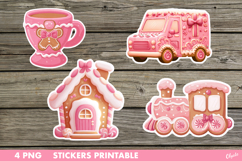 Pink Christmas Stickers PNG. Gingerbread Stickers Printable Product Image 1