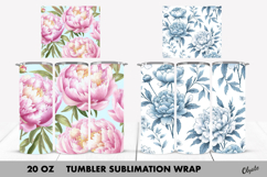 Flower Tumbler Wrap. Blue Peony, Pink Peony Tumbler PNG Product Image 1