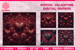 Gothic Valentine Digital Paper with Ornate Red Hearts Product Image 1