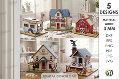 3D 4th Of July Houses Bundle Laser Cut. Stand Decor SVG Product Image 1