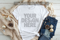 Christmas White T-shirt mockup - Christmas Background Product Image 1