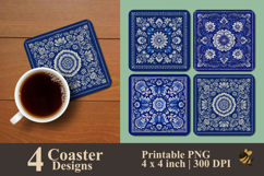 Blue Floral Coaster Sublimation Design Product Image 1
