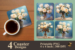 Painting White Rose And Vase Coaster Sublimation Design Product Image 1