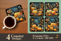 Pumpkin And Floral Coaster Sublimation Design Product Image 1