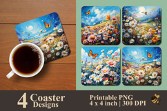 Butterfly And Wild Daisy Flowers Coaster Sublimation Design Product Image 1