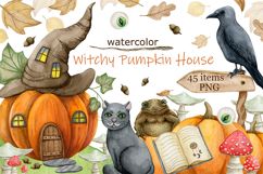 Witchy Pumpkin House Watercolor Clipart Pumpkin House, Cat Product Image 1