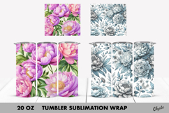 Peony Tumbler Wrap. Blue Peony, Pink Peony Tumbler PNG Product Image 1