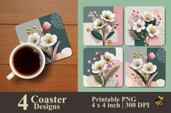 Flower Illustration Coaster Sublimation Design Product Image 1