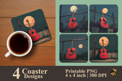 Red Guitar On The Fence Coaster Sublimation Design Product Image 1