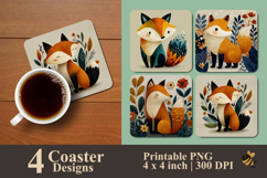Cute Happy Fox Coaster Sublimation Design Product Image 1