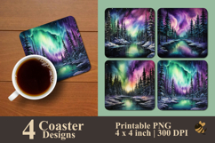 Winter Pine Forest With Aurora Coaster Sublimation Design Product Image 1