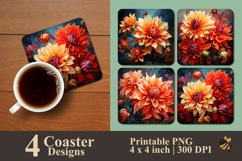 Fiery Dahlia Flower Coaster Sublimation Design Product Image 1