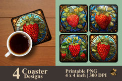 Stained Glass Strawberry Glow Coaster Sublimation Design Product Image 1
