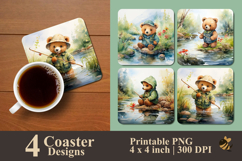 Cute Bear Fishing Coaster Sublimation Design Product Image 1