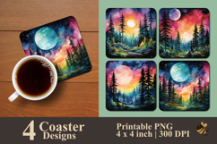 Aurora Moon Over Pine Trees Coaster Sublimation Design Product Image 1