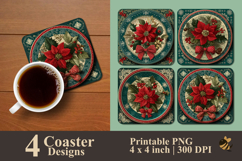 Winter Poinsettia Elegance Coaster Sublimation Design Product Image 1