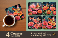 Zinnia Flower And Butterfly Coaster Sublimation Design Product Image 1