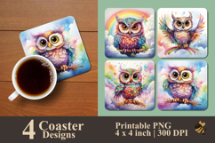 Owl With Rainbow Feathers Coaster Sublimation Design Product Image 1