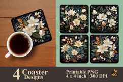 Chalk Floral Illustration Coaster Sublimation Design Product Image 1