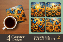 Butterfly And Sunflower Coaster Sublimation Design Product Image 1