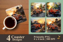 Realistic Sunset Old Truck Coaster Sublimation Design Product Image 1