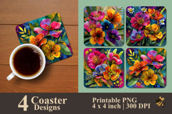 Beautiful Flowers Watercolor Coaster Sublimation Design Product Image 1