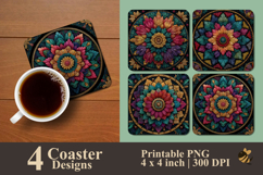 Mandalas Colorful Flower Coaster Sublimation Design Product Image 1