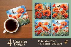 Poppy Flower And Butterfly Coaster Sublimation Designs Product Image 1