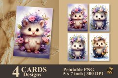 Hedgehog Flowers Watercolor Card Designs PNG Product Image 1