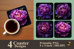 Realistic Purple Peony Flower Coaster Sublimation Design Product Image 1