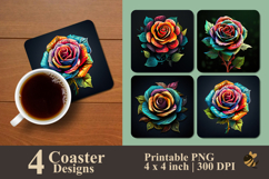 Colorful Rose Flower Coaster Sublimation Design Product Image 1