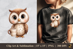 Cute Owl And Cup Coffee DTF Sublimation Clipart Design 1 Product Image 1
