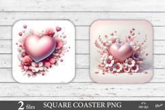 Pink Heart with Flowers Coaster PNG. Valentines Day Coaster Product Image 1
