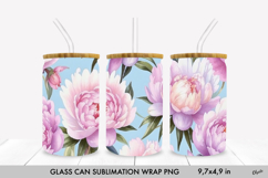 Watercolor Peony Glass Can Wrap PNG. Glass Can 16 OZ Product Image 1