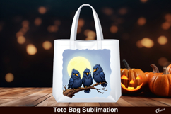 Crows with Moon Sublimation PNG. Halloween Tote Bag Product Image 1