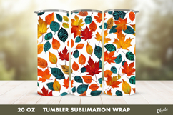 Fall Tumbler Sublimation. Autumn Leaves Tumbler PNG Product Image 1