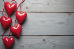 Red Heart Decorations on a Wooden Background Wallpaper Product Image 1